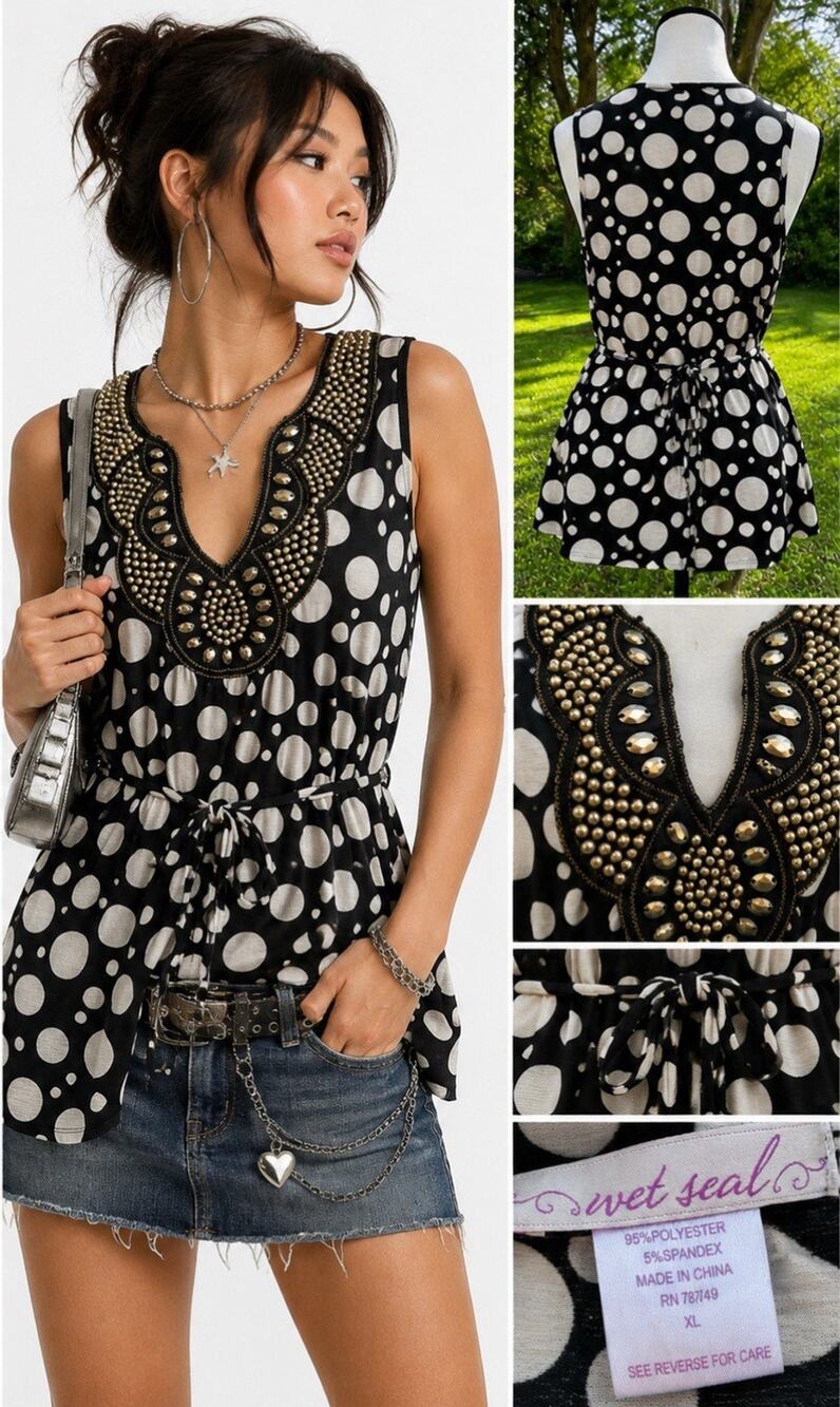 Y2K Indie Sleaze Boho Wet Seal Beaded Polka Dot Tunic Top Size XL Black White